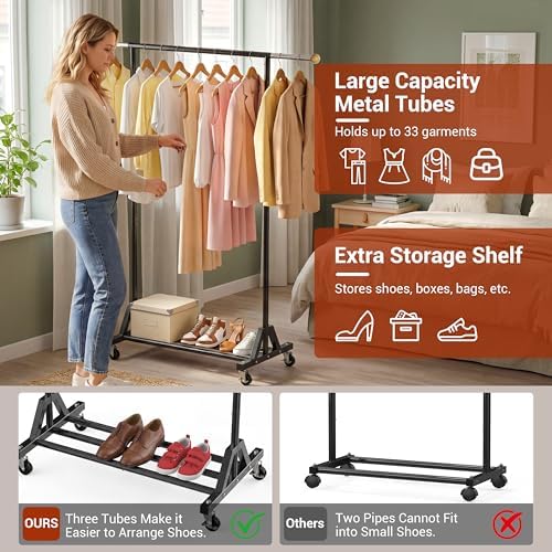 Rolling Garment Rack - Retractable Clothes Rack with Hanging Rods, Lockable Wheels and Bottom Storage Shelf - Sturdy Coat Rack, Freestanding Clothing Organizer for Bedroom, Laundry & Closet - Image 2