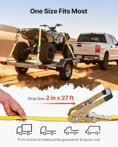 VEVOR Ratchet Tie Down Straps (4-Pack), 10000 lb Break Strength, Heavy Duty Double J Hooks, 2" x 27' with Padded Handles - Ideal for Moving, Securing Cargo, Appliances, Lawn Equipment, and More - Image 3