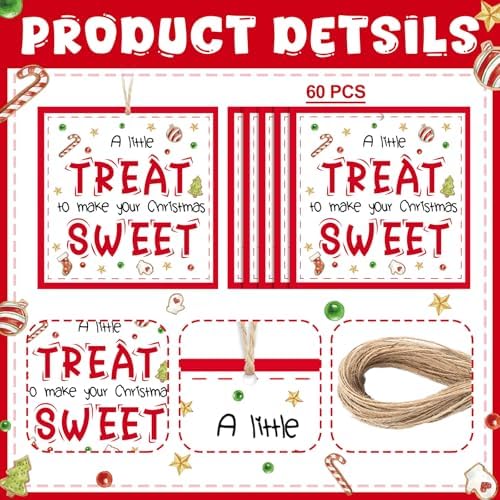 Motiskyy 60 Pcs Christmas Sweet Treat Gift Tags with Rope 3.25" Square - Image 3