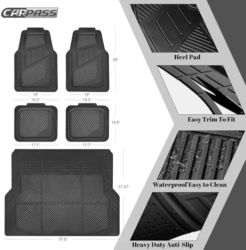 CAR PASS Heavy Duty Rubber Floor Mats Gray Car Mats Full Set with Trunk Cargo Liner - Universal Waterproof Floor Mats for Car SUV Truck, Durable All Weather Automotive Liner Mats (All Black) - Image 2
