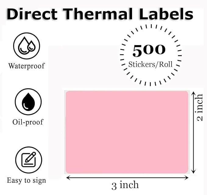 3" x 2" Thermal Labels Stickers Pink, Thermal Printer Shipping Stickers - Image 2