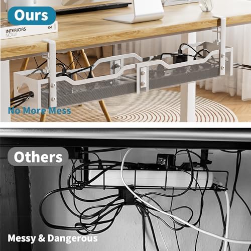 Under Desk Cable Management Tray White, Litwaro Cable Management Under Desk No Drill, 25'' Cable Tray with Clamp for Wire Management, Cord Organizer for Office, Home - No Damage to Table - Image 3