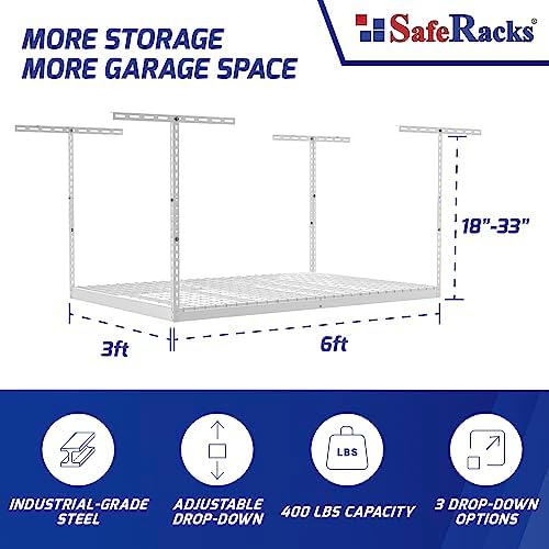 SafeRacks 3x6 Overhead Garage Storage Rack, White, 18"-33" Height - Image 3