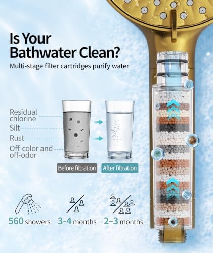 SR SUN RISE Filtered Shower Head with Handheld High Pressure 9 Spray Mode Showerhead Detachable Shower Head Water Softener Filters Beads for Hard Water Remove Chlorine 1 Filter Gold - Image 3