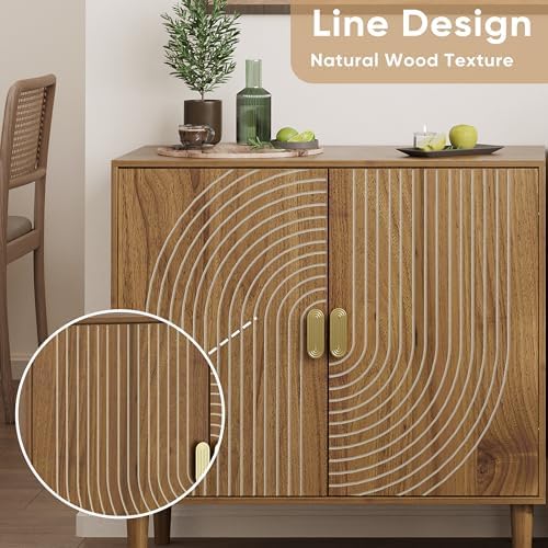 Smuxee Walnut Sideboard Cabinet, Freestanding Buffet Cabinet with Line Groove Design, Wood Storage Cabinet with Adjustable Shelf for Living Room, Entryway, Hallway - Image 6