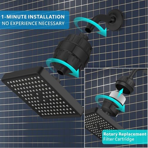 Voolan Filtered Shower Head - 20 Stage Luxury Rain Shower Filter For Hard Water for Remove Chlorine and Harmful Substances - 6" Square High Pressure Rainfall Showerhead (Matte Black) - Image 6