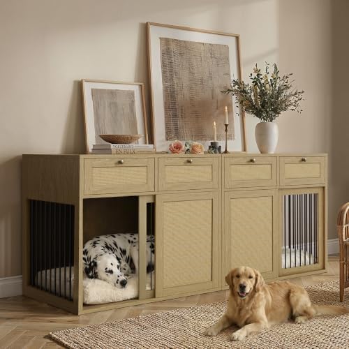 PureCozy 2-Piece Double Dog Crate Furniture, 80 Inch, Light Oak by PureCozy