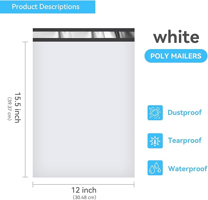 12 x 15.5“ Poly Mailers 300PCS, 1.77 Mil 5 Layer Waterproof Self-Seal Shipping - Image 3
