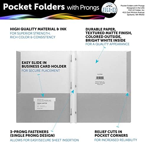 FILE-EZ Two-Pocket Folders with 3-Prong Fasteners, Gray Color, 25-Pack, Durable Textured Paper, Matte Finish, Letter Sheet Size (EZ-92530) - Image 2