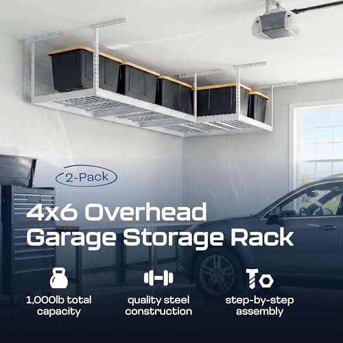 MonsterRax 2-Pack 4x6 Overhead Garage Storage Rack, White, 12"-21" Height - Image 2