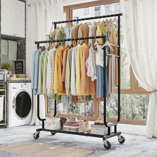 Ekisemio Heavy Duty Clothes Rack, Rolling Clothing Rack With Shelves Load 450 LBS, Double Rod Clothing Racks with Wheels for Hanging Clothes, Black - Image 2