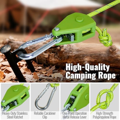 4Pack 4mm Reflective Guy Lines, Heavy‑Duty Tent Rope Tie Down Rope Line, Ultralight Camping Rope with Ratchet Pulley & 2 Metal Buckles, Aluminum Adjuster for Tarp Canopy Kayak Outdoor Camping, 13ft - Image 6