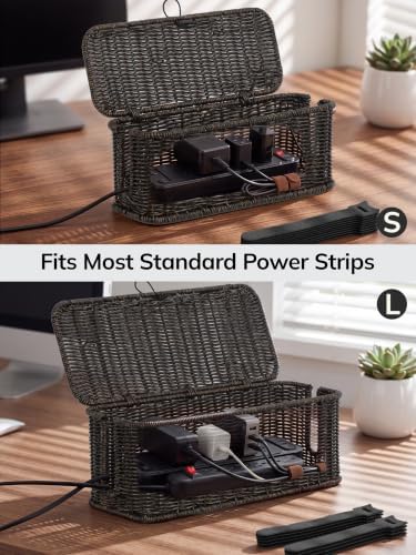 Cable Management Box, Cord Organizer with Lid & Cable Ties - Black, M - Image 4