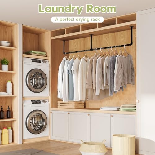 Industrial Pipe Clothing Rack, 66.1" Wall Mounted Clothes Rack Set of 2, Heavy Duty Closet Rod for Hanging Clothes, Space-Saving Detachable Iron Wall Garment Bar 3 Base - Image 2