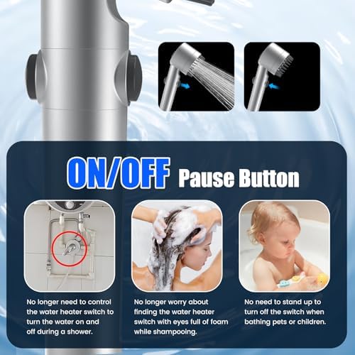 Filtered Shower Head with Handheld, High Pressure Water Flow and Multiple Spray Modes Shower Head with Filter, Power Wash for Hard Water, Showerhead with ON/OFF Switch for Pets Bath (Silver) - Image 5