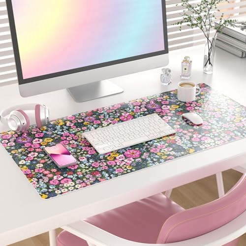 Faux Leather Large Mouse Pad, Office Desk Mat, 31.5"x15.7", Blooming Flower - Image 2