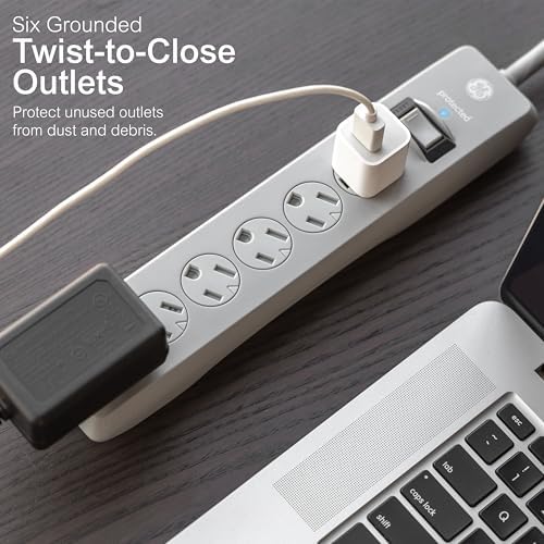 GE Surge Protector Power Strip, 15 Ft Extension Cord, 6 Outlet Extender, 800 Joules, Flat Plug, Twist-to-Close Safety Covers, UL Listed, Gray, 62457 - Image 2