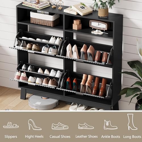 Shoe Cabinet Storage for Entryway with 4 Flip Drawers, Fluted Narrow Shoe Organizer with Wooden Legs & Top Cubby, Freestanding Slim Shoe Storage Hidden Shoe Rack for Front Door Entrance, Black - Image 3