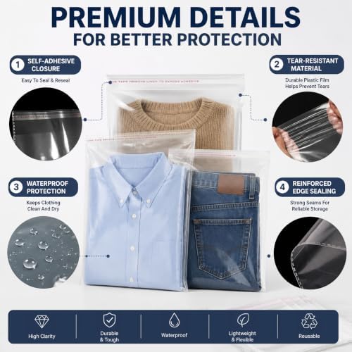 Self Sealing Cellophane Bags for Shirts, 100Pcs 10x13 Inch Clear Poly Bags - Image 3