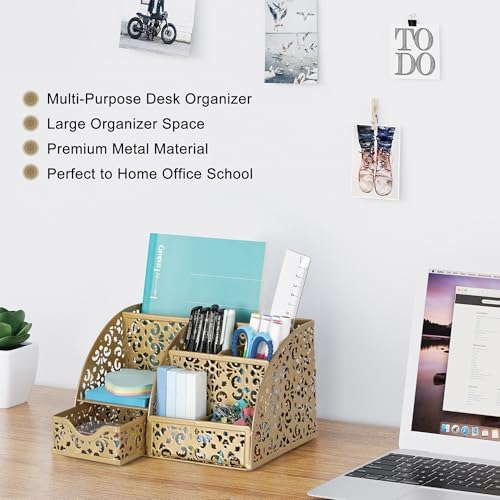 EasyPAG Desk Organizer and Pen Holder for Desk, Mesh Office Supplies Storage Caddy with Drawer for Small Space, Desktop Organizer for Home Office, Gold - Image 2