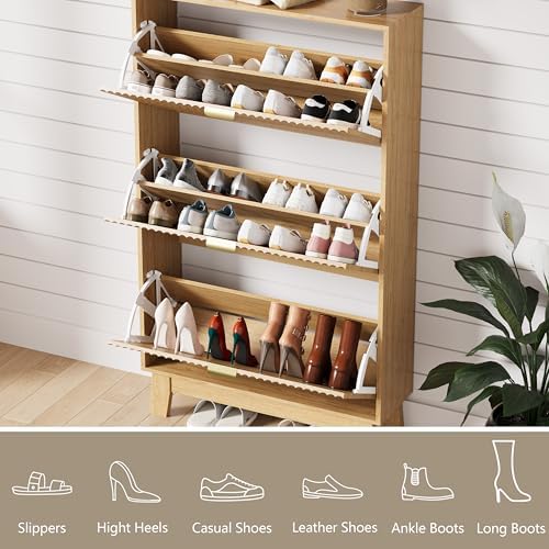HUANLEGO Shoe Cabinet Storage for Entryway with 3 Flip Drawers, Fluted Narrow Shoe Organizer with Wooden Legs, Freestanding Slim Shoe Storage Hidden Shoe Rack Organizer for Front Door Entrance, Oak - Image 4