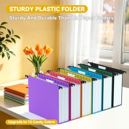 2.5" Expanding Large Hanging File Folders,12 Pack Plastic Extra Capacity Hang Folder Letter Size,Colored Office Heavy Duty File Cabinet Folder with Tab,Sturdy Hanging Organizer for Bulky Files - Image 2