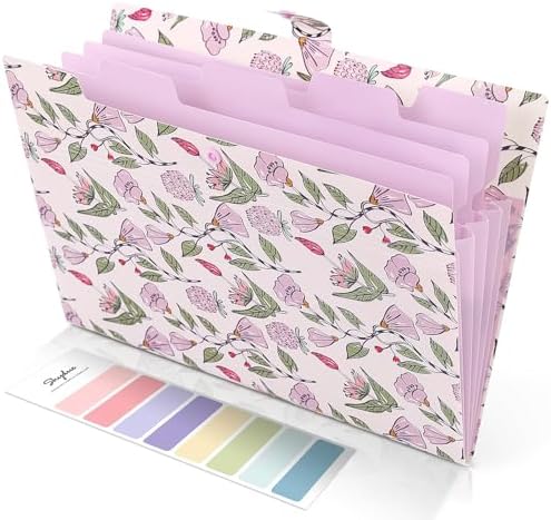 SKYDUE Accordion File Organizer, Floral Expanding File Folders with 5 Pockets, Cute Document Organizer for Paper Bills Receipt Storage, School Office & Hospital Supplies Letter/A4 Size Light Purple by SKYDUE