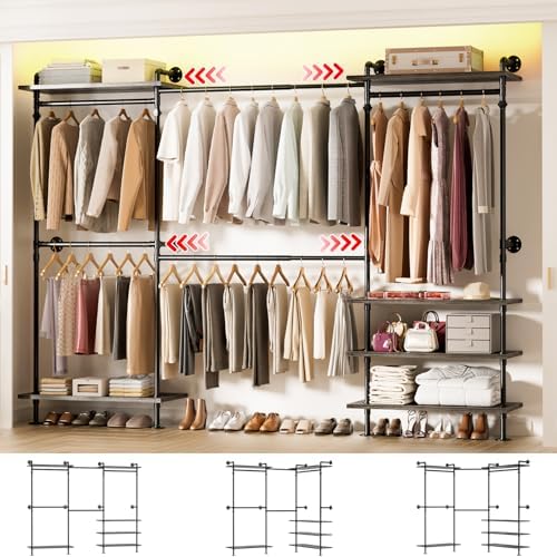 Aheaplus Industrial Pipe Clothing Rack, Expandable Garment Rack, Closet System with Wood Shelves for Hanging,Wall Mounted Clothing Rack, Adjustable Storage Wardrobe for Walk in Closets, Black Oak by Aheaplus