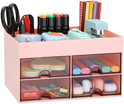 LETURE Office Desktop Organizer with Drawer, Desk Top Accessories Stationary Organizer Desk Caddy, Pen/Pencil/Business Card/Sticky Note Tray/Paperclip Holder Storage Box (Pink) by LETURE