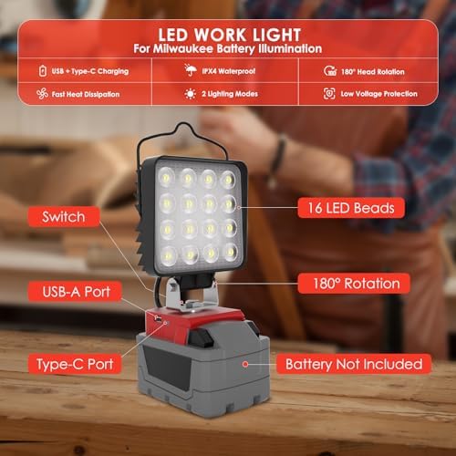 2 Pack LED Work Light for Milwaukee M18 18V Battery, Upgraded 76W 10000LM Cordless LED Work Light with USB and Type-C Charging Port, Outdoor Lighting (Battery Not Included) - Image 4