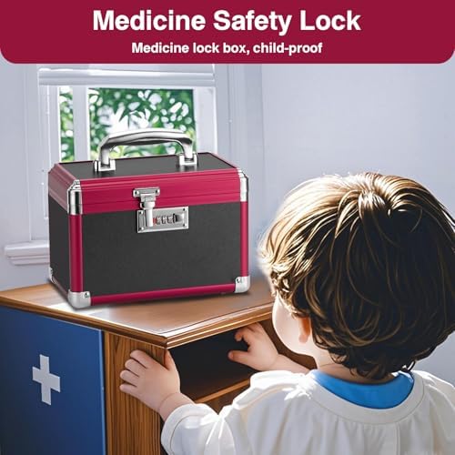 Medicine Lock Box with Combination Lock - 10 x 6 x 6.7 Inches - First Aid Safe Medication Storage Box, Medications and Personal Items, Safe Boxes for Home and Outdoor - Black Red 【No strap】 - Image 5