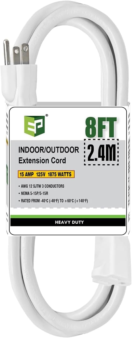 EP 8 Ft Outdoor Extension Cord, 12/3 SJTW Heavy Duty Extension Cable by ENERGYPRO