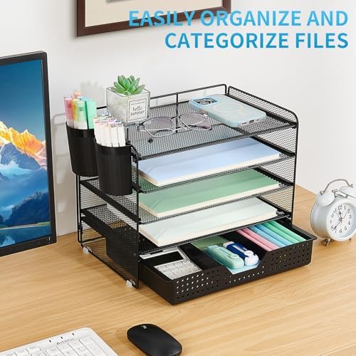 LEKETREE Desk Organizer and Accessories, 5-Tier Paper Letter Tray Organizer with Drawer & 2 Pen Holders for Desktop File Organization, Office Desk Accessories for Supplies Storage (Black) - Image 5