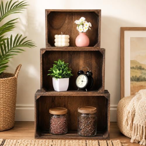 3 Pack Nesting Wooden Crates for Display Decorative Boxes, Decorative Farmhouse Rustic Wood Basket with Handles, Vintage Wood Box Display Risers for Home, Kitchen Pantry Cabinet, Shelf, Counter - Image 7