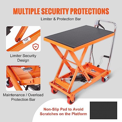 VEVOR TF23 Hydraulic Lift Table Cart, 500lbs Capacity 28.5" with 4 Wheels and Non-Slip Pad, for Material Handling and Transportation, Orange - Image 5