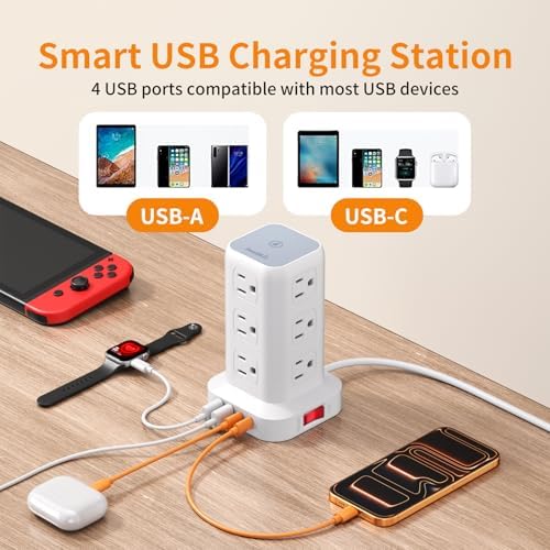 Extension Cord with Multiple Outlets, SMALLRT Power Strip Tower, Outlet Extender with 12 AC Outlets 4 USB, 6.5FT Extension Cord for Home Dorm Room, Office Supplies,Overload Protection - Image 6