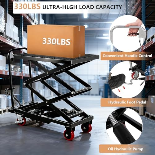 Hydraulic Lift Table Cart, 330 LBS Load Capacity 50 in Lifting Height, Manual Double Scissor Lift Table with Non-Slip Pad and 4 Wheels,Hydraulic Scissor Cart for Material Handling (330 LBS - Double) - Image 3