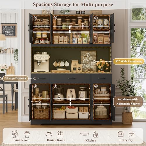 HOSTACK 71" Tall Kitchen Pantry Storage Cabinet, 55" W Kitchen Hutch, Black - Image 4