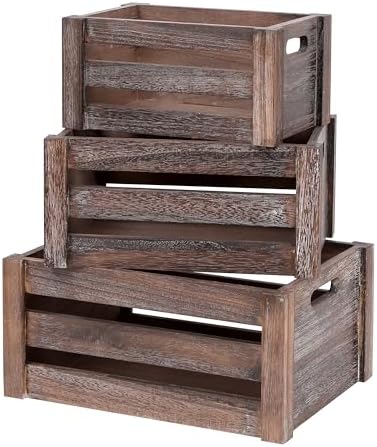 Set of 3 Nesting Wooden Crates, Small Rustic Farmhouse Wood Storage Boxes with Handles, Stackable Compact Organizer Bins for Kitchen Bathroom Bedroom Decor, 3 Sizes & 3 Colors (White, Brown, Black) by Unknown