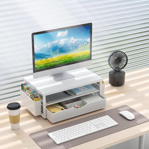 gianotter Desk Organizers and Accessories, Monitor Stand with Drawer and 2 Pen Holder, Desktop Organizer Suitable for Offices and Dormitories (Matte White) - Image 7