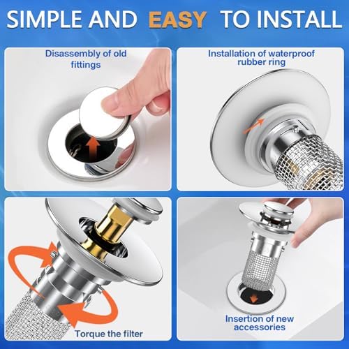 Sink Stopper Hair Catcher, Pop-up Sink Drain Strainer with Removable Stainless Steel Strainer Basket Hair Catcher,Bathroom Sink Strainer for Bathroom Sink Stopper Replacement (2, Silver) - Image 7