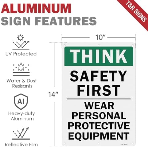 T&R Large Think Safety First Sign Wear Personal Protective Equipment - 14 x 10 Inches Rust Free .040 Aluminum Reflective - UV Protected, Waterproof and Fade Resistant - 6 Pre-drilled Holes - Image 2