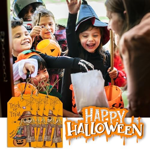 Yellow Halloween Paper Gift Tags with String-50Pcs,Trick Or Treat for You Happy Halloween Tags for Goodie Bags, 2 x 3.5 Inch Waterproof Hanging Labels for Decor Party Supplies, Gift Wrapping-B06 - Image 6