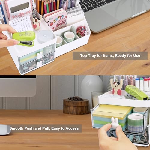 Meiikun Desk Organizer, Makeup Organizer with 2 Drawer, 7 Compartment & a Top Tray, Desktop Organizers and Storage for Women, Cute Home organization Bathroom, 11" x 5.7" x 4.7" (White) - Image 6