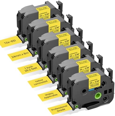 6-Pack Replace for Brother Label Maker Tape 24mm Yellow Laminated TZe-651 by Freshworld