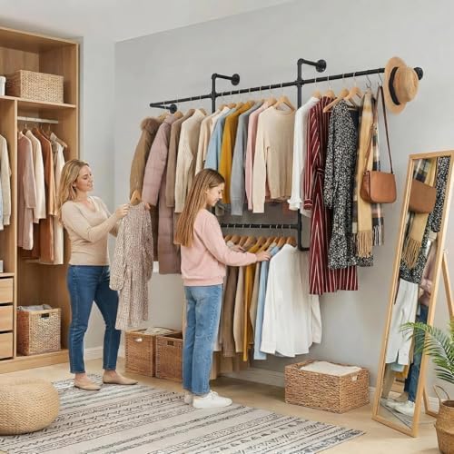 Industrial Pipe Clothing Rack, Hanging Garment Rack, Wall Mounted Pipe Clothes Rack with Four Hanging Rods, Heavy Duty Garment Rack, Industrial Steampunk Closet Organizer Hall Tree (Metal Pipes-Black) - Image 3