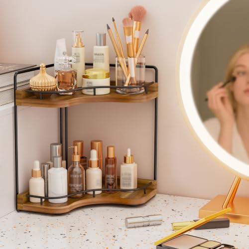 2-Tier Corner Bathroom Counter Organizer, Larger, Acacia Wood - Image 2