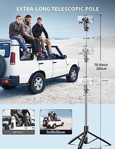 71" Phone Tripod & Selfie Stick, All in One Extendable Cell Phone Tripod with Wireless Remote, Tripods Stand for iPhone & Travel Selfie Stick 360° Rotation Compatible with iPhone Android, Camera - Image 2