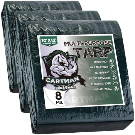 CARTMAN Finished Size 10x12 Feet Waterproof Green Tarp 8 Mil Thick, Multipurpose Protective Cover for Emergency Rain Shelter Camping Tarpaulin (Pack of 3) by CARTMAN