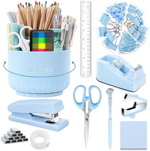 Office Supplies,School Supplies,Blue Desk Accessories,Desk Organizer,Scissors,Stapler,Tape Dispenser,Binder Clips,Staples,Staple Remover,Sticky Notes,Clear Tape,Pen,Ruler,Best Gift,11pcs by suniya
